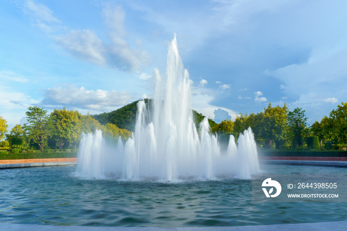 Beautiful fountain with mountain background.