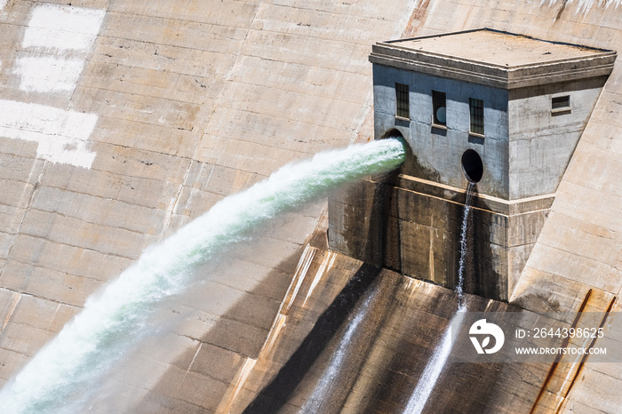 Close up of water jets released at O’Shaughnessy Dam from Hetch Hetchy Reservoir in Yosemite National Park;  One of the main sources of drinking water for San Francisco Bay, California