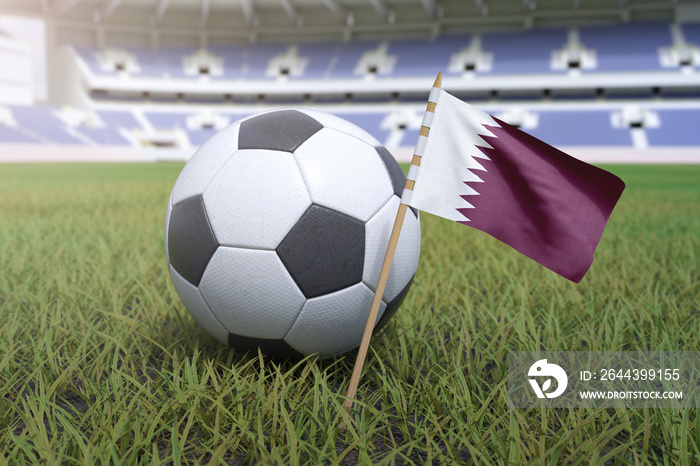 Qatar flag in stadium field with soccer football