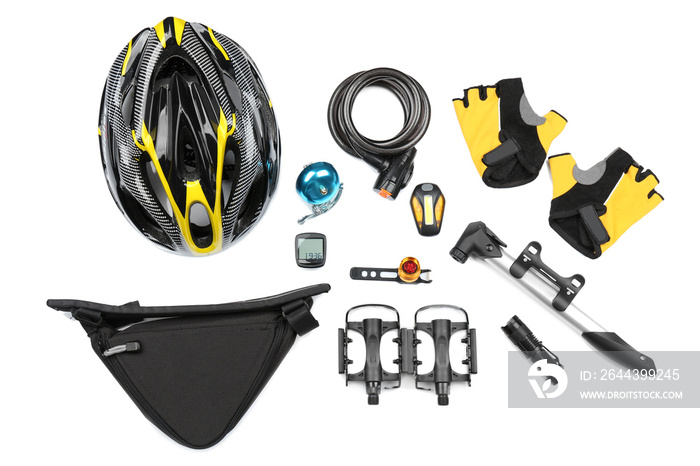 Set of bicycle accessories on white background