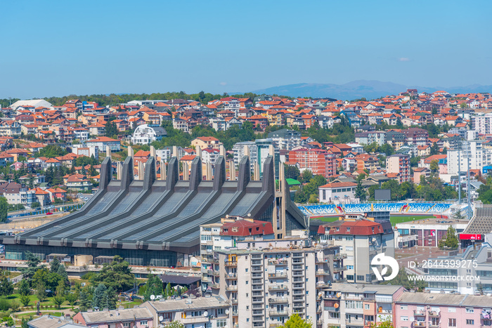 Landscape of Prishtina with Palace of Youth and Sports in Kosovo