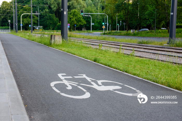 Droga rowerowa w kierunku skrzyżowania. Ścieżka dla rowerów w mieście.