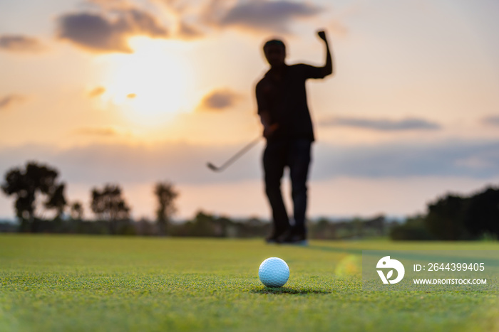 Silhouette golfer showing happiness when win in game , white golf ball on green grass of golf course with blur background.