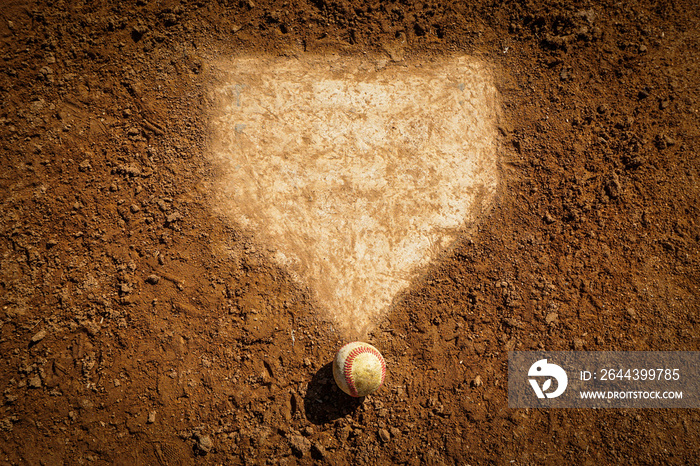 Baseball near home plate on infield dirt