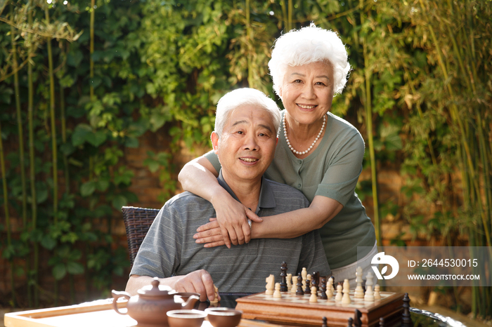 幸福的老年夫妇在院子里