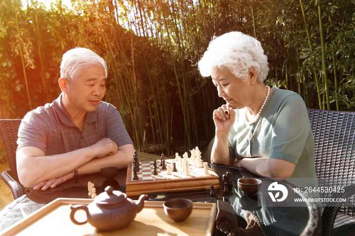 老年夫妇在院子里下棋