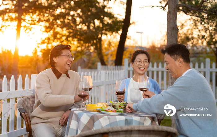 夕阳下中老年朋友在庭院里聚会喝酒聊天