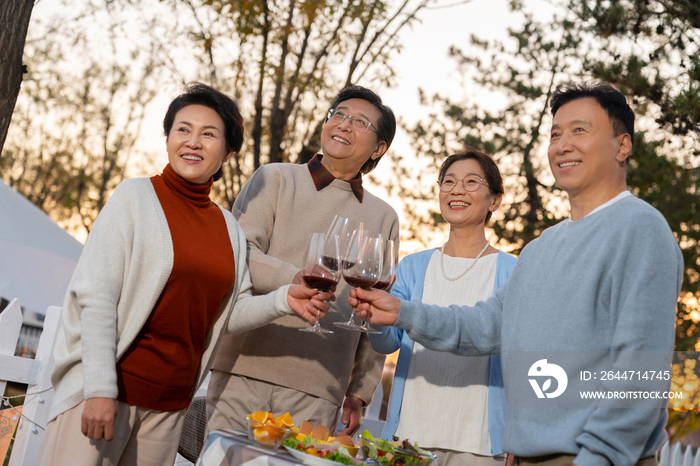 中老年朋友在庭院里喝酒聊天