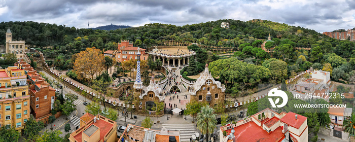 Aerial drone panoramic view of Park Guell in Barcelona, Spain