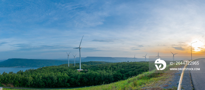 Hillside meadows with eco-energy systems wind turbines generate electricity