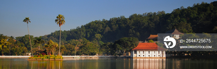 Panorama of the artificial lake of the city of Kandy in the solar morning. Sri Lanka