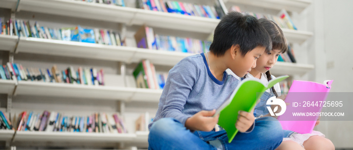 Asian Kid Reading Book in School Library, Asian Kid Education Concept