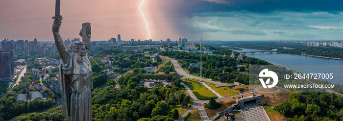 Aerial panoramic view of the Mother Motherland monument in Kiev. Historical sights of Ukraine. Beautiful scenic view of Kyiv.