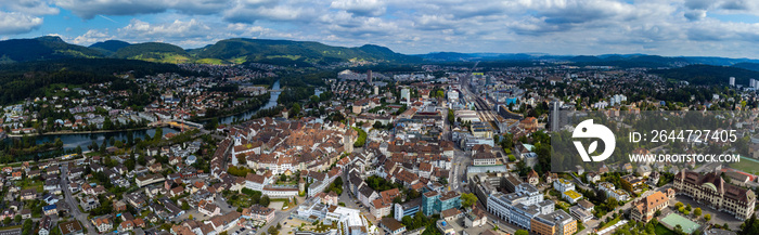 Aerial view around the old town of Aarau in Switzerland on a sunny day in summer.