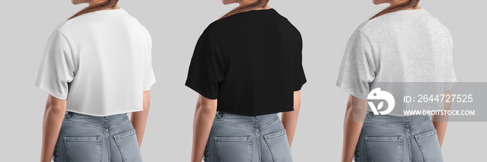 Mockup of a white, black, heather cropped t-shirt for a girl, shirt for design, advertising, back view.