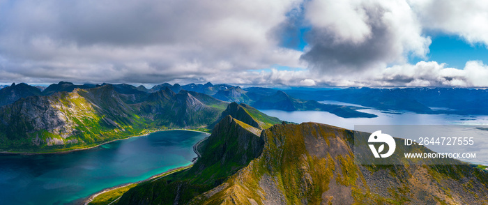 Aerial panorama of the Husfjellet Mountain on Senja Island in northern Norway