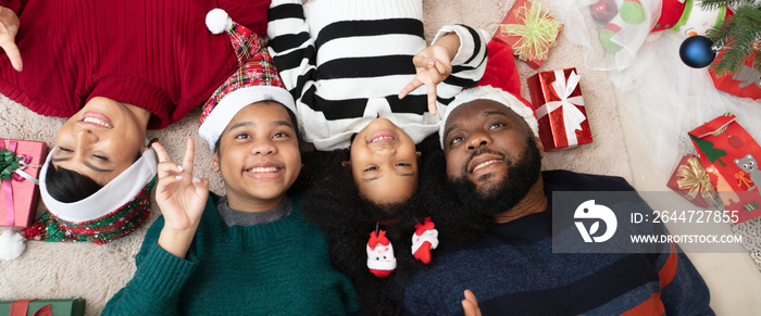 Happy family line down on floor and selfie photo shooting, Christmas celebration concept