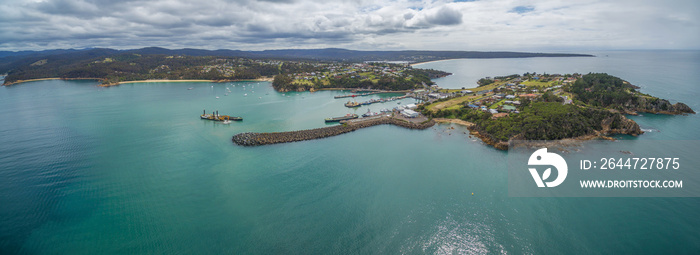 Aerial panorama of the lookout point where people watch for whales and wharf in Eden, NSW, Australia