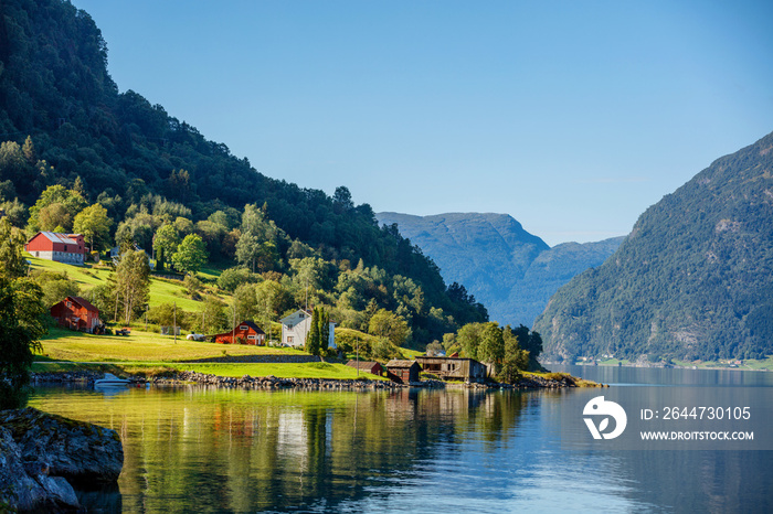 Beautiful Nature Norway natural landscape with fjord and mountain.