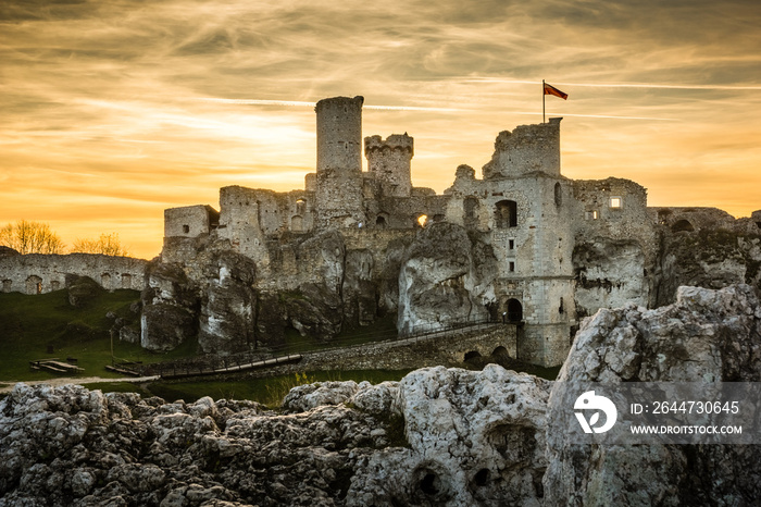 Sunset over the ruins of medieval castle Ogrodzieniec in Podzamcze, Silesia, Poland