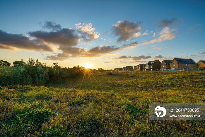 Green meadow at sunset near new build housing area in southern England