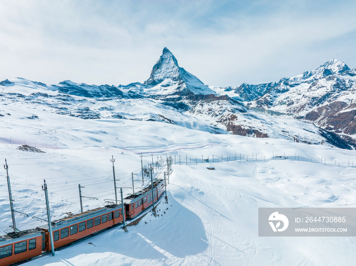 Swiss beauty, rack railway going to Gornergrat train station under breathtaking Matterhorn,Zermatt, Valais, Switzerland, Europe