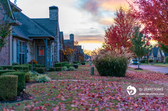 Residential Housing Neighborhood Street at Sunset in Bentonville Arkansas during Fall Season