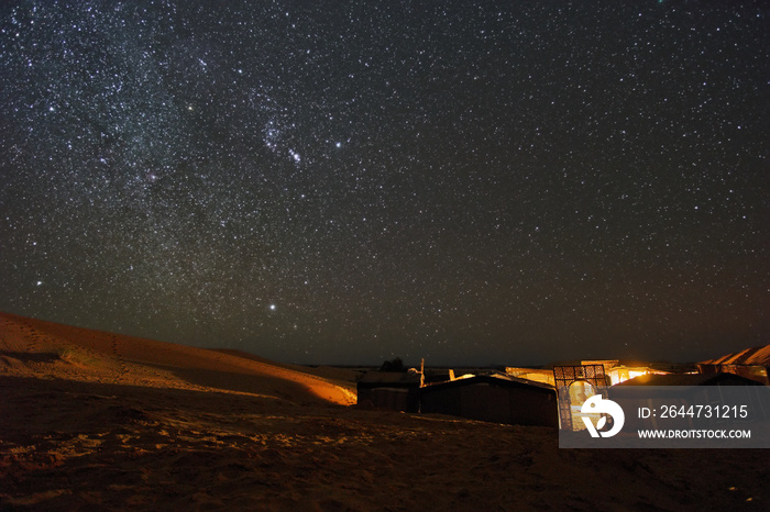 Bright stars above the camp tents in Sahara desert in Morocco Africa