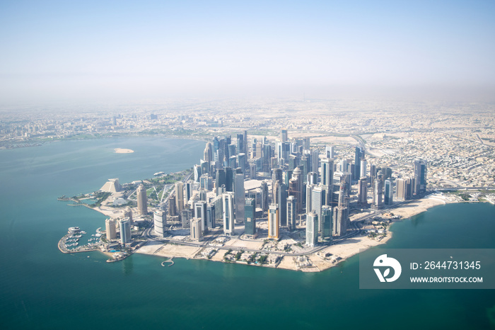 Aerial Wide Shot of Modern Skyscrapers and Apartment Buildings in Downtown Doha (West Bay) on a Sunny Clear Day - Doha, Qatar