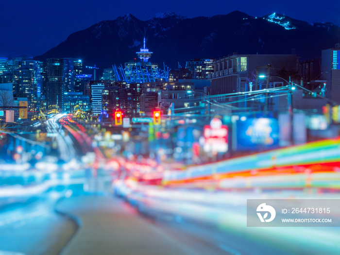 light trails go out of the downtown vancouver