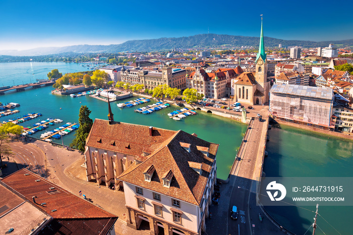 Zurich and Limmat river waterfront aerial view