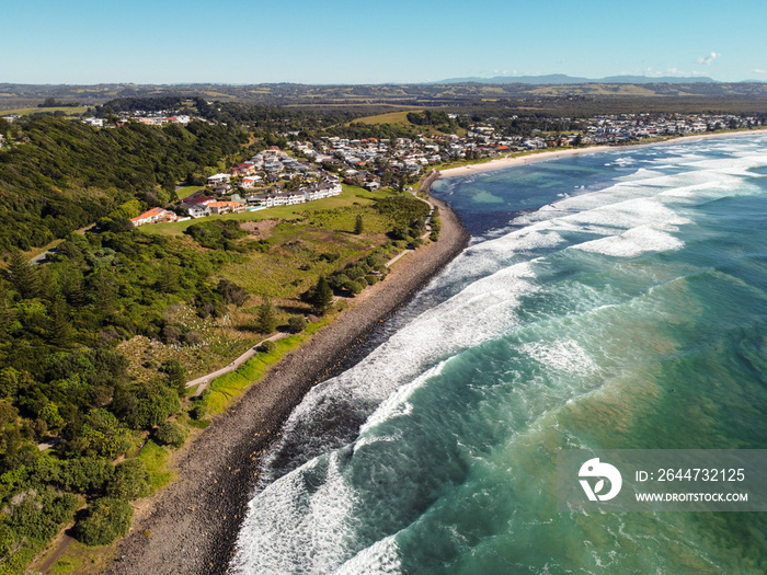 Aerial view of Lennox Reef off the southern corner of Lennox beach in Lennox Head, Australia