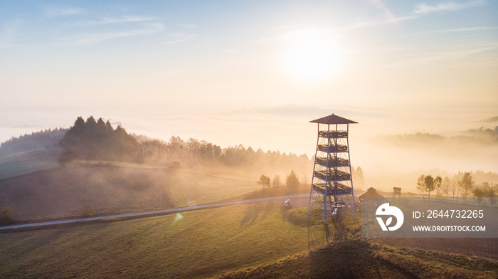 Look Out Tower in Brusnik,Ciezkowice. Polish Landscape at Foggy Sunrise