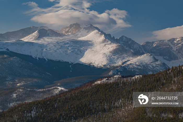 Winter landscape of Longs Peak shortly after sunrise, Rocky Mountain National Park, Colorado, USA