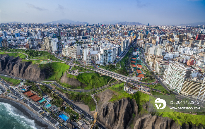 Panoramic aerial view of Miraflores Town and Lima city at back ground.