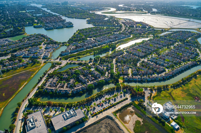 Aerial view of residential real estate homes in Foster City, CA