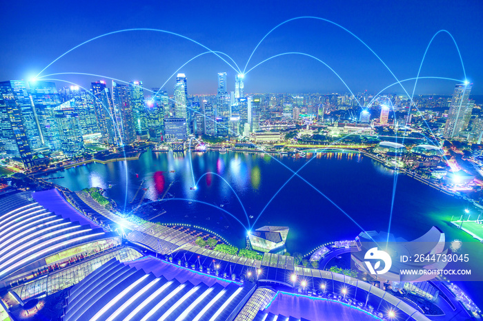 The concept of digital wifi connection and virtual connectivity in 5G between companies of a city. The financial district of Singapore skyline with sky background in blue with connection lines.