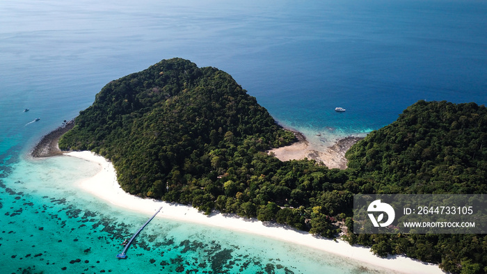 drone view of koh rok in thailand, white beach, coral reef and green jungle with turquoise ocean