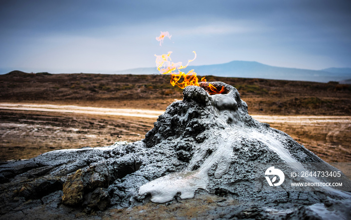 Burning gas in the mud volcanoes of Gobustan, Azerbaijan