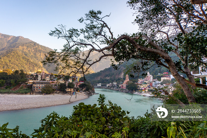 View of Rishikesh over the Ganga river. Rishikesh is the yoga and meditation capital in India.
