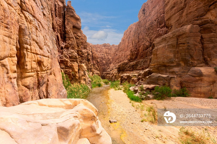 River canyon of Wadi Mujib in amazing golden light colors. Wadi Mujib is located in area of Dead Sea in Jordan