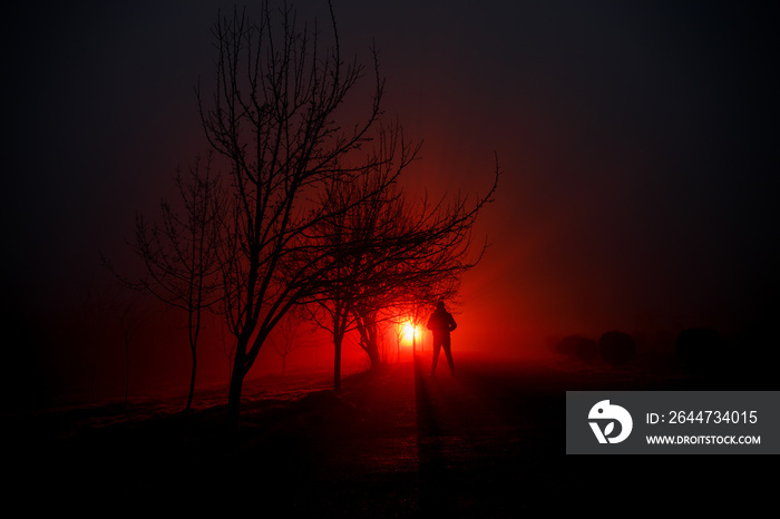 City at night in dense fog. Mystical landscape surreal lights with creepy man. The walking man’s silhouette in night fog at artificial light. Beautiful mixed lighting from backside.