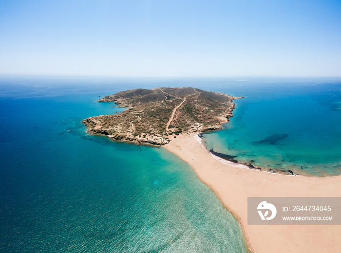 Aerial birds eye view drone photo Prasonisi on Rhodes island, Dodecanese, Greece. Panorama with nice lagoon, sand beach and clear blue water. Famous tourist destination in South Europe