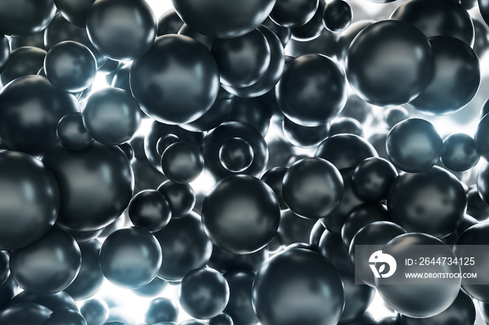 Creative black bubbles background. Screen texture and landing page concept. 3D Rendering.