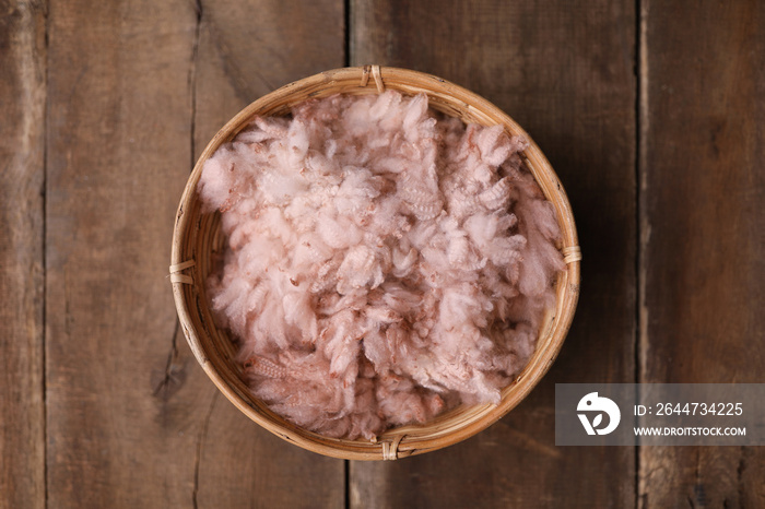 Newborn photography digital background prop. Wood basket with fur and on a wooden background