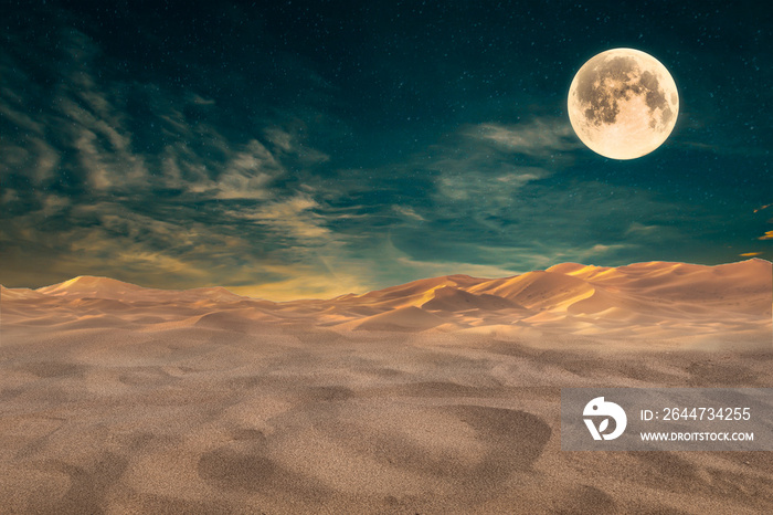 full moon in cloudscape over sand desert