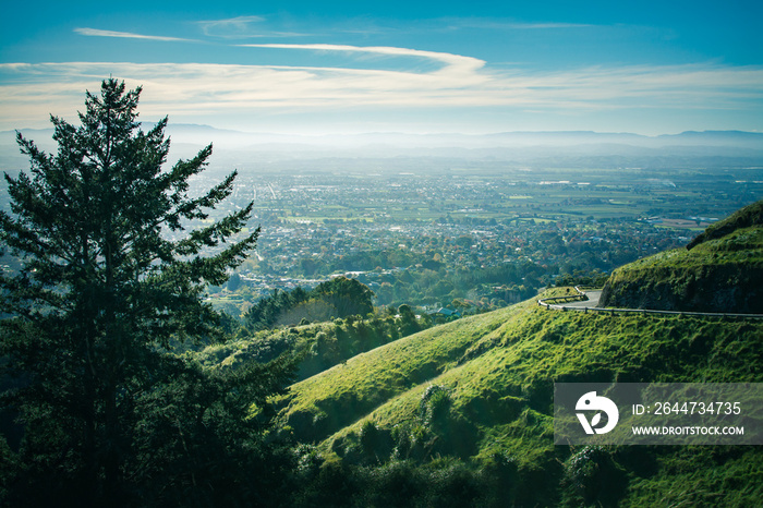 Evening sunlight pouring over Hawke’s Bay region. Winding mountain road taking sharp turns around the cliff. Te Mata Peak, Hawke’s Bay, New Zealand