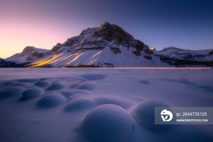 First Light, winter sunrise after snow, Bow Lake, Canadian Rockies, Banff National Park, Alberta, Canada