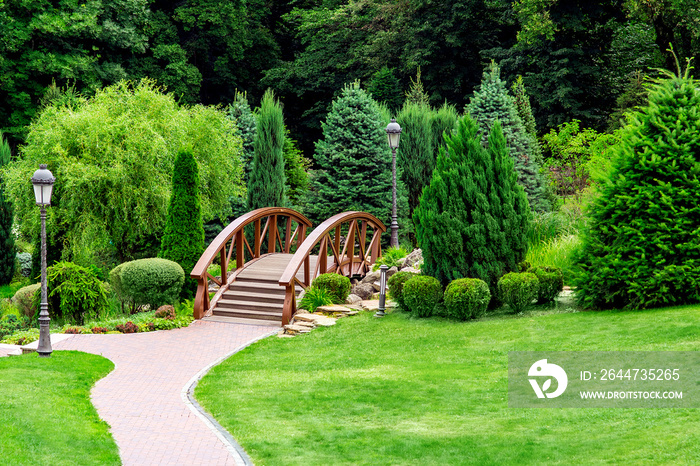 Landscaping of a park in the backyard with a footpath for walks through the wooden decorative bridge to bushes and trees on summer day.