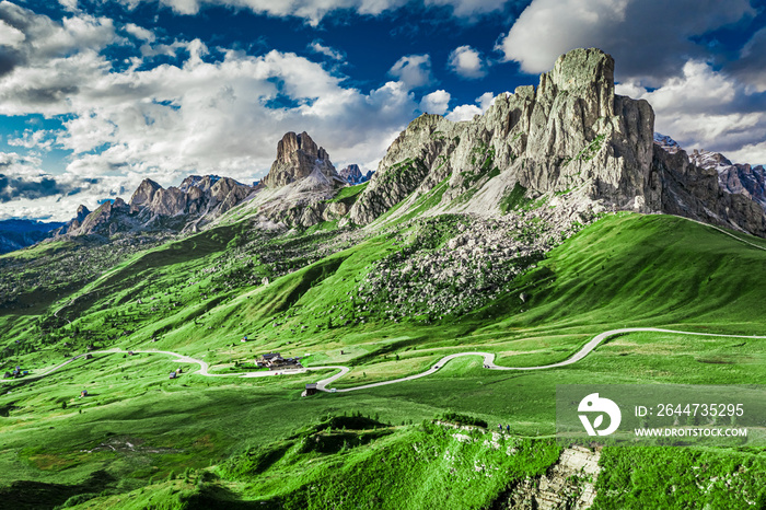 Aerial view of green Passo Giau, Dolomites